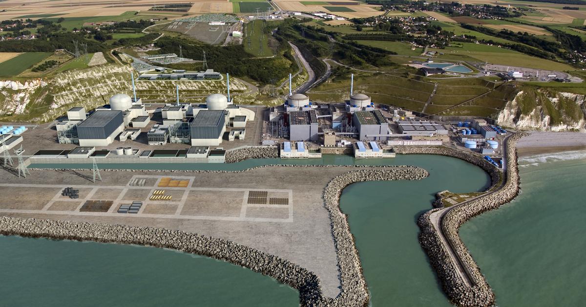 Une vue du rendu de la centrale de Penly, quand les deux nouveaux EPR 2 seront construits, aux côtés des deux réacteurs