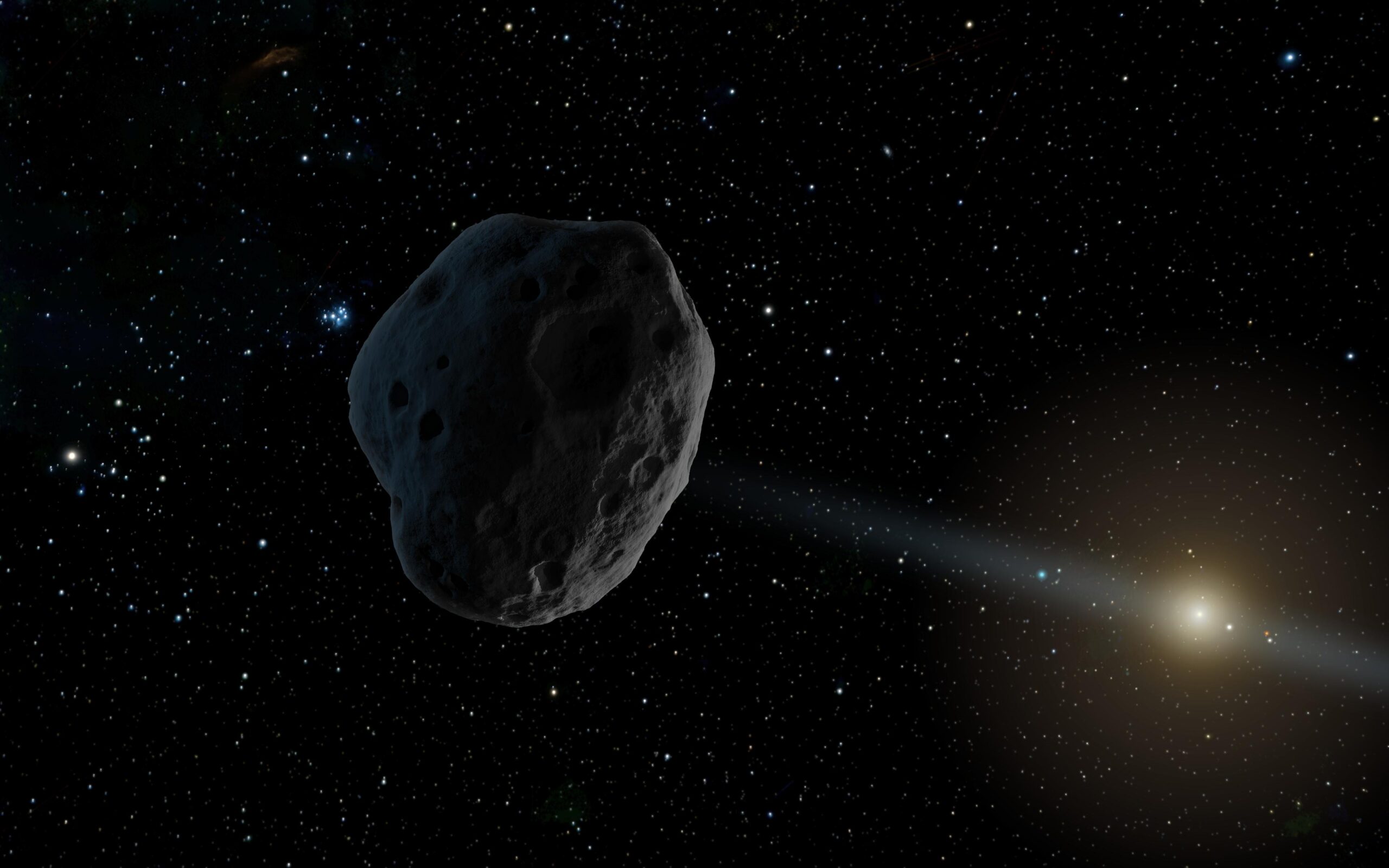 A dark, cratered asteroid floats in deep space against a background of countless stars, while a bright, distant sun in the