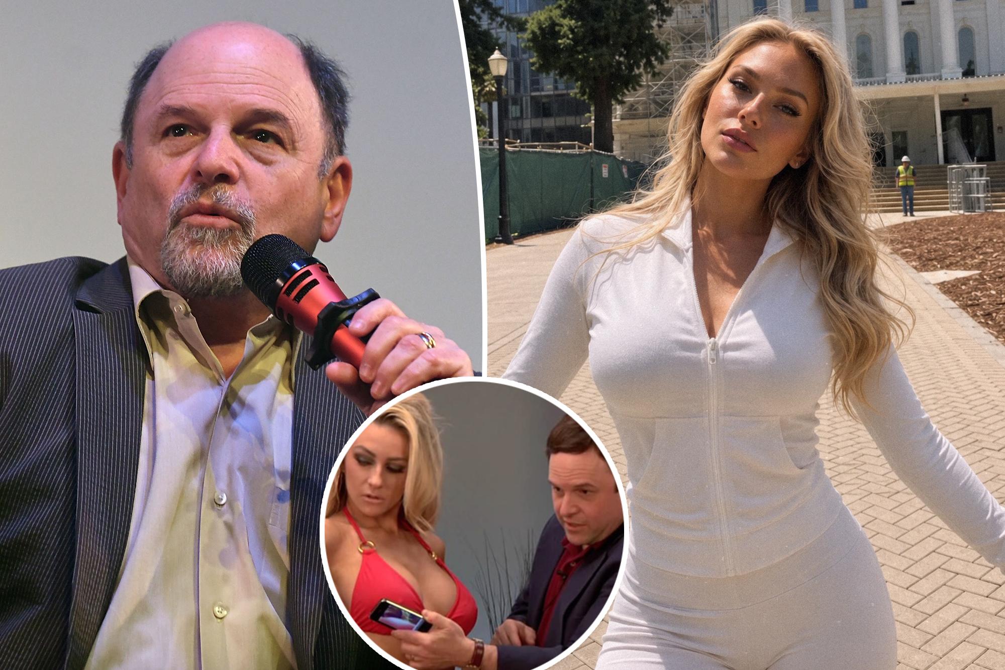 Collage of Jason Alexander speaking into a microphone, a blonde woman in a white tracksuit, and Kevin James showing a phone