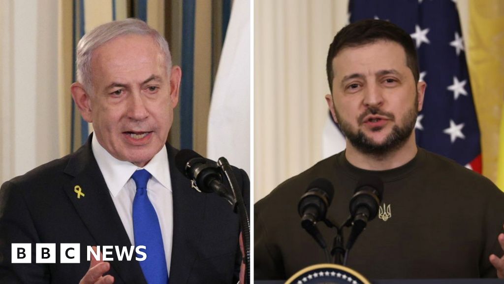 Split screen of Benjamin Netanyahu and Volodymyr Zelensky speaking at the White house on different occasions