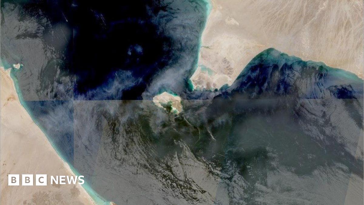 A satellite image shows the Bab el Mandeb Strait, a narrow shipping lane