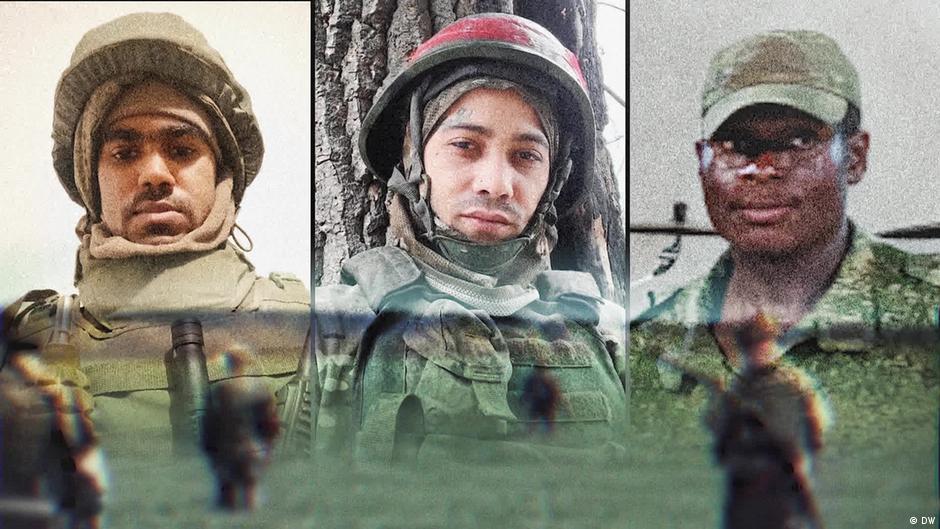 A composite image shows portraits of three foreign fighters (top) dissolving into a scene from the war in Ukraine (bottom)
