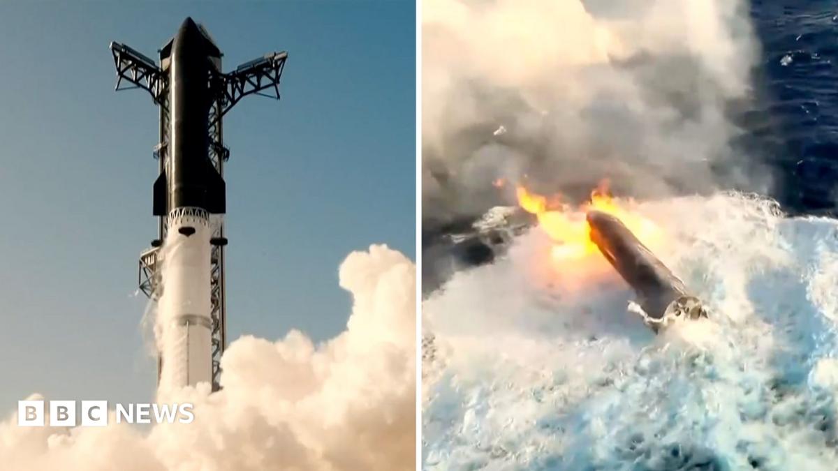Split screen showing a rocket launch on the left and splashdown into the ocean on the right