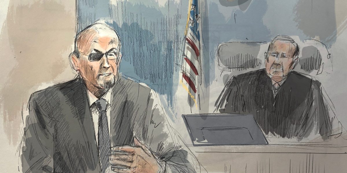 Court illustration of the author testifying