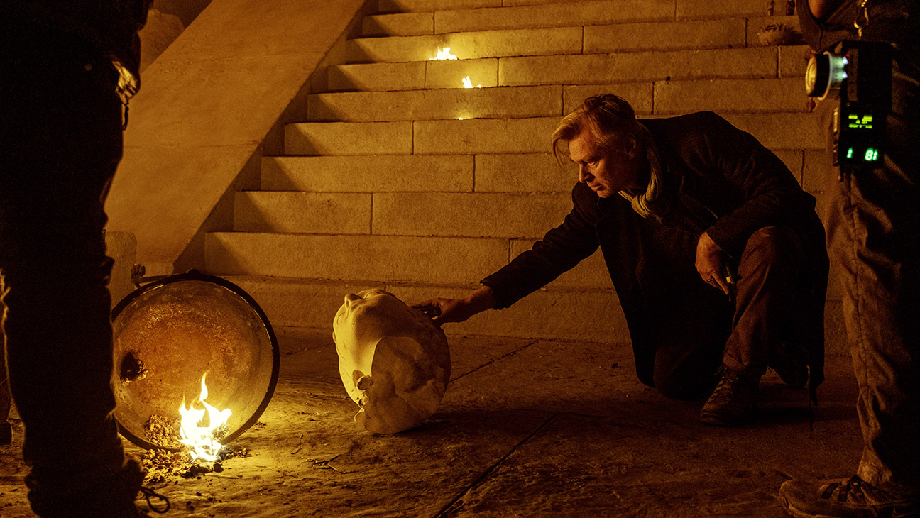 Director Christopher Nolan on the set of his film The Odyssey, written, produced, and directed by Christopher Nolan