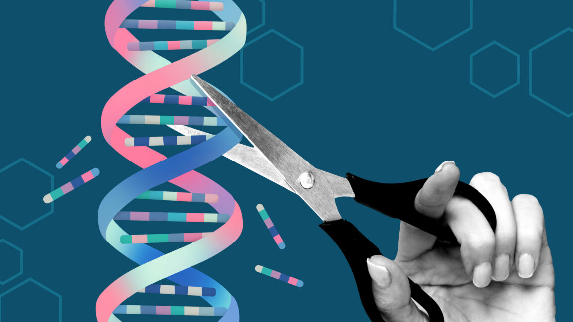 a graphical cartoon of a pair of scissors snipping parts out of a stylized DNA molecule