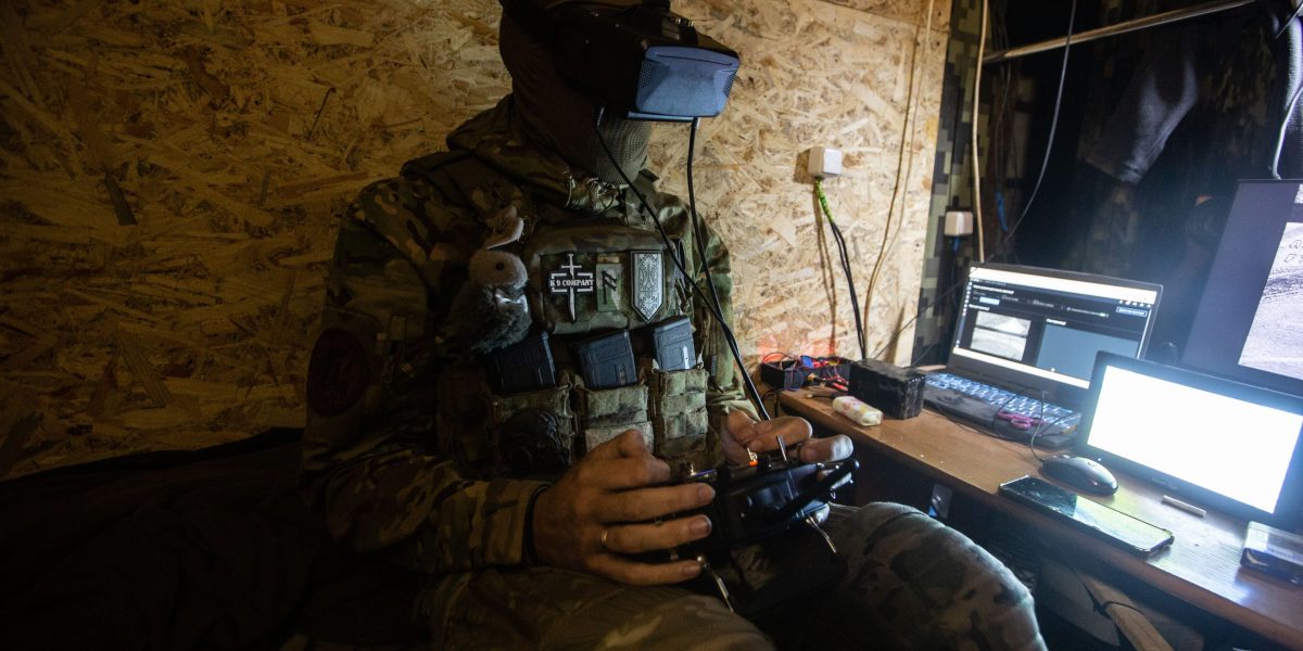 A view of an FPV drone propeller in a basement of the 28th Separate Mechanized Brigade in Druzhkivka, Ukraine, on July 22