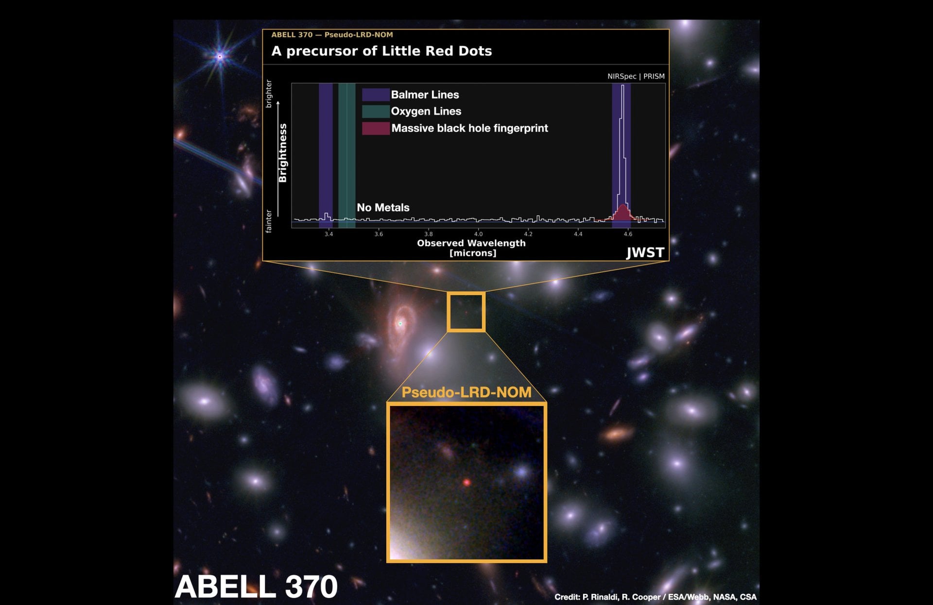 An image and spectrum of a Little Red Dot object found by JWST. It appears to be a still-forming object, seen as it existed