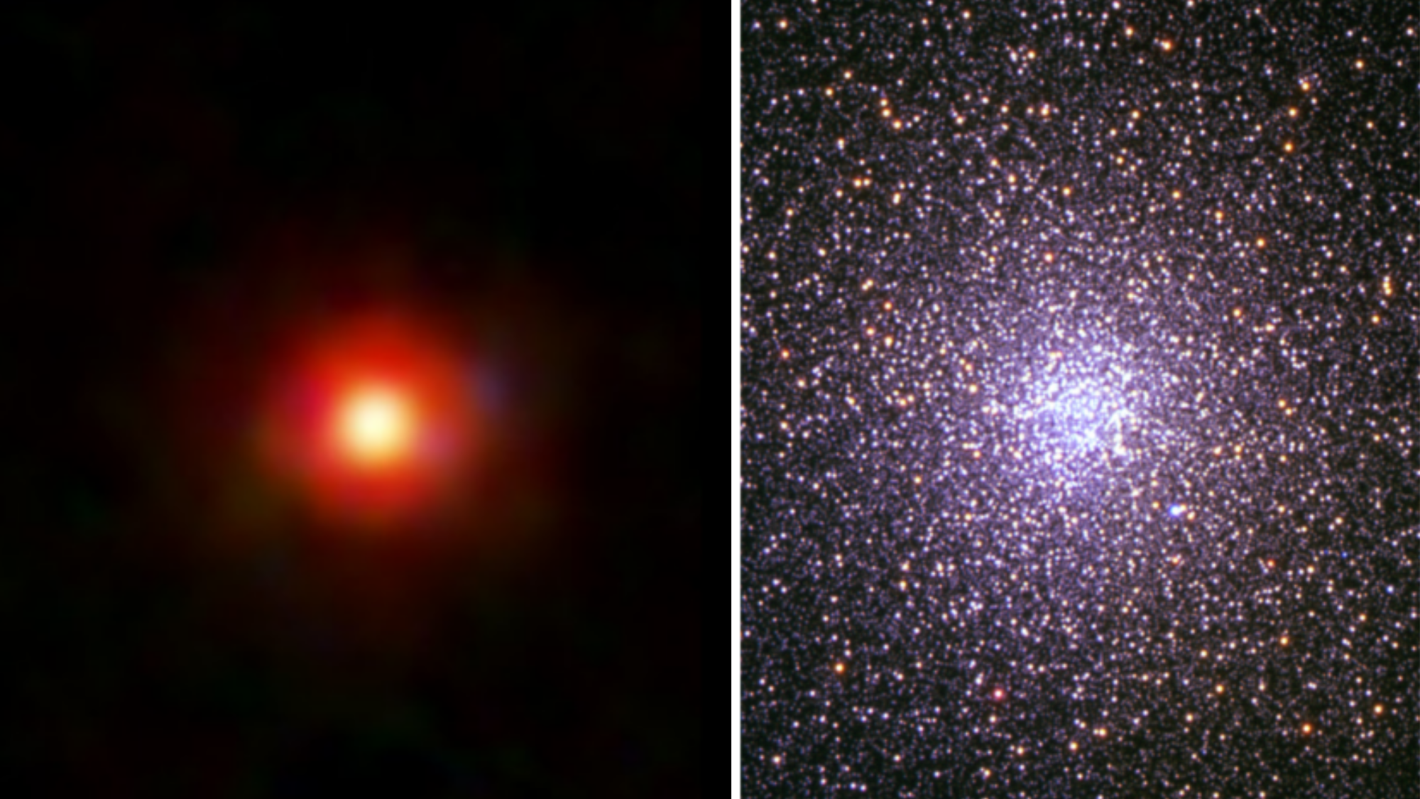 (Left) a blurred reddish dot against a dark background. (Right) a bunch of purplish sparkles against a dark background
