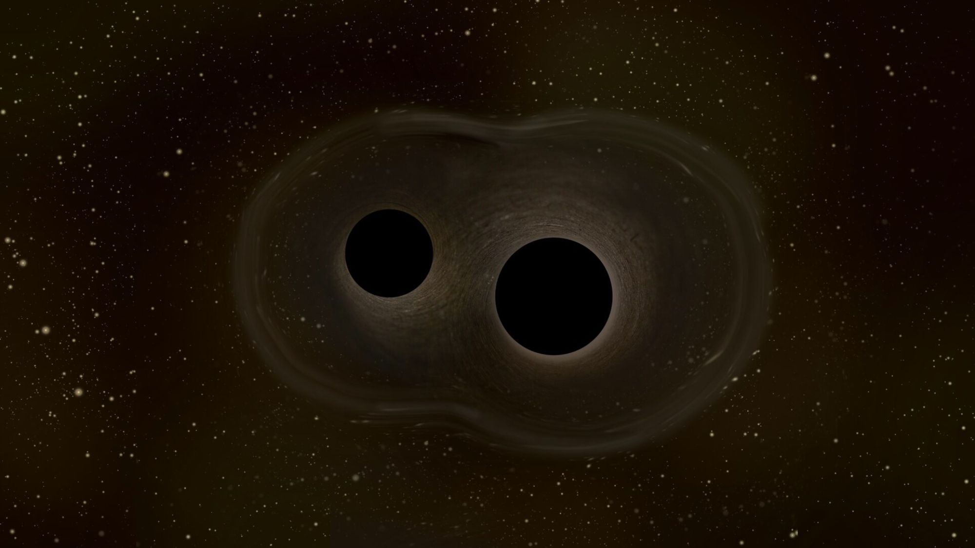 An illustration showing two black holes next to each other against a dark background