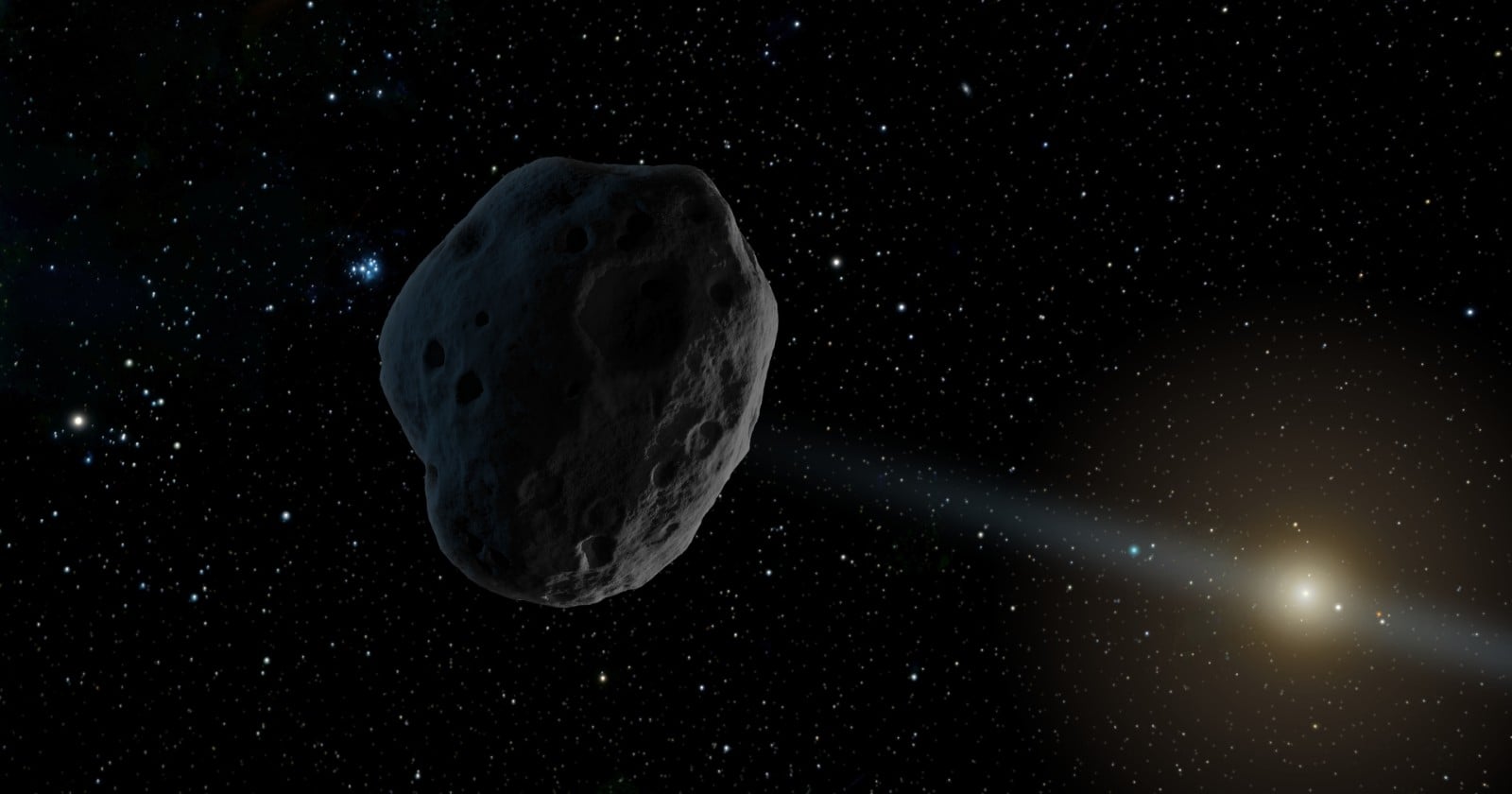 Artist's concept of a dark, elongated near-Earth object drifting through space, with the distant Sun glowing at left