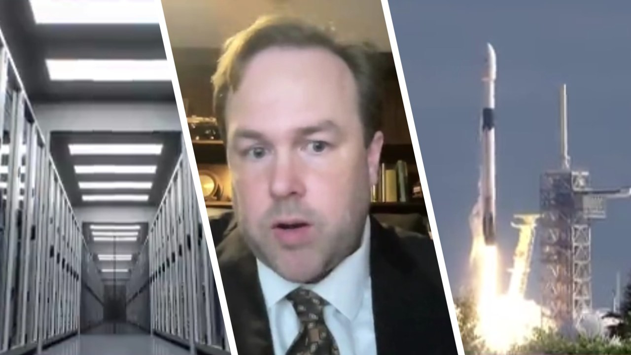 Data center computers, a man talking, and a rocket launching