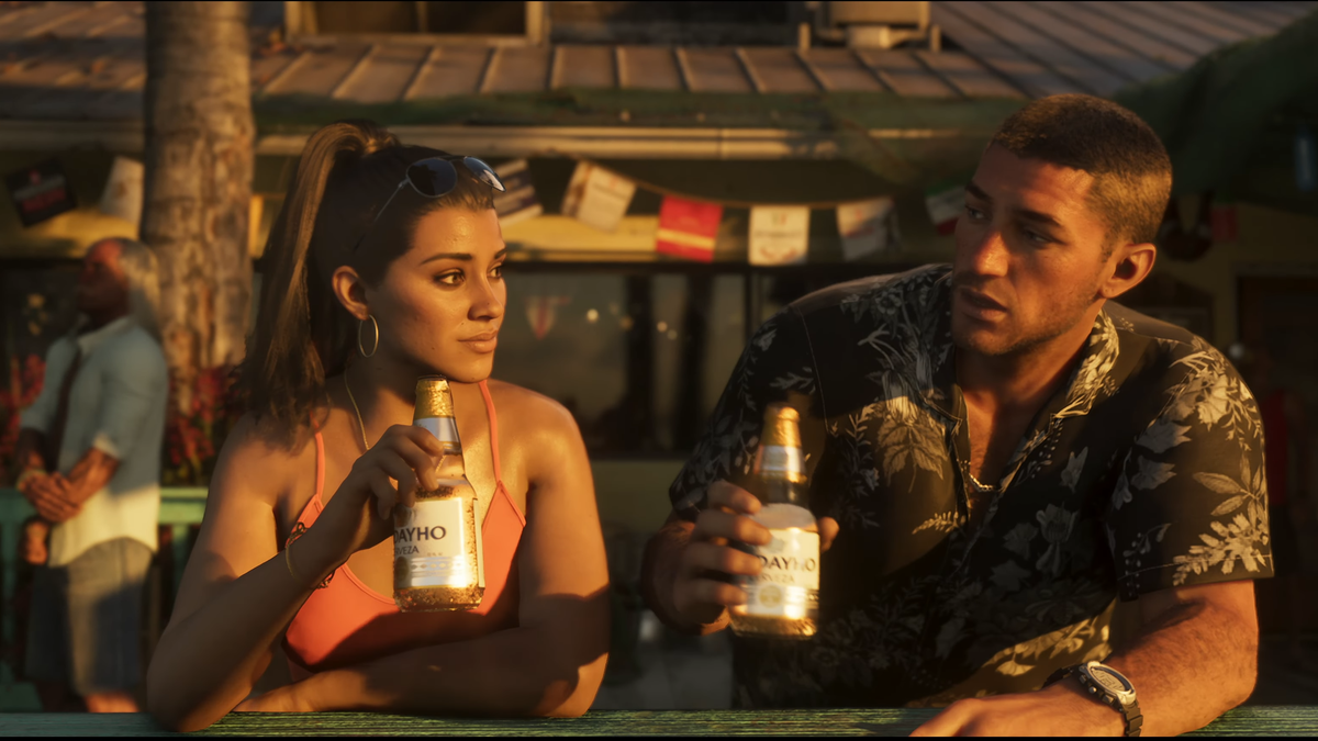 Screenshot from Grand Theft Auto 6 trailer 2, with two characters drinking