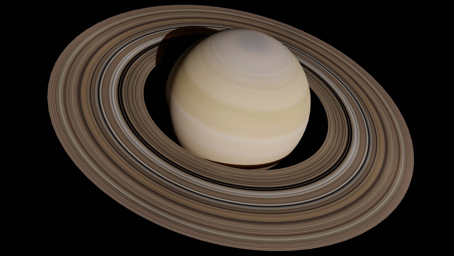 Digital rendering of Saturn and its rings against a black background
