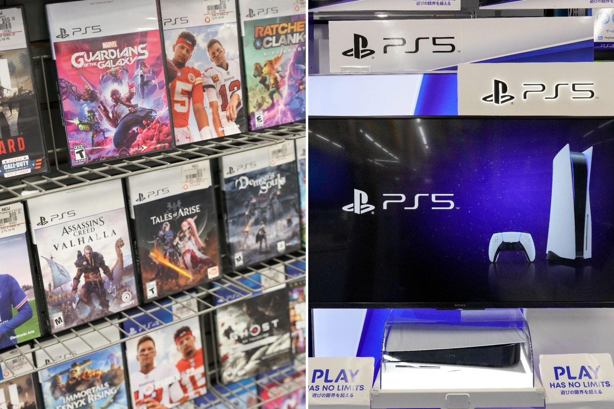 An image collage containing 2 images, Image 1 shows PS5 games, including Call of Duty: Vanguard, Guardians of the Galaxy