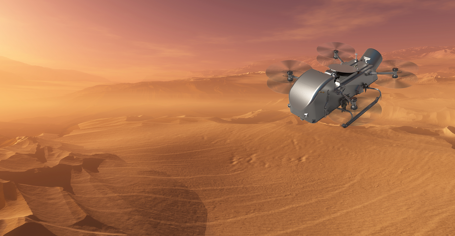 NASA Dragonfly rotorcraft flying over the orange haze and dune-like terrain of Titan