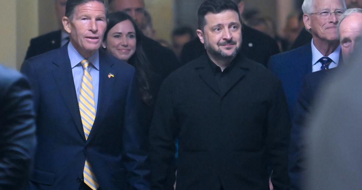 Ukraine President Volodymyr Zelenskyy, is joined by from left: Sen. Richard Blumenthal, D-Conn., Sen. Katie Boyd Britt
