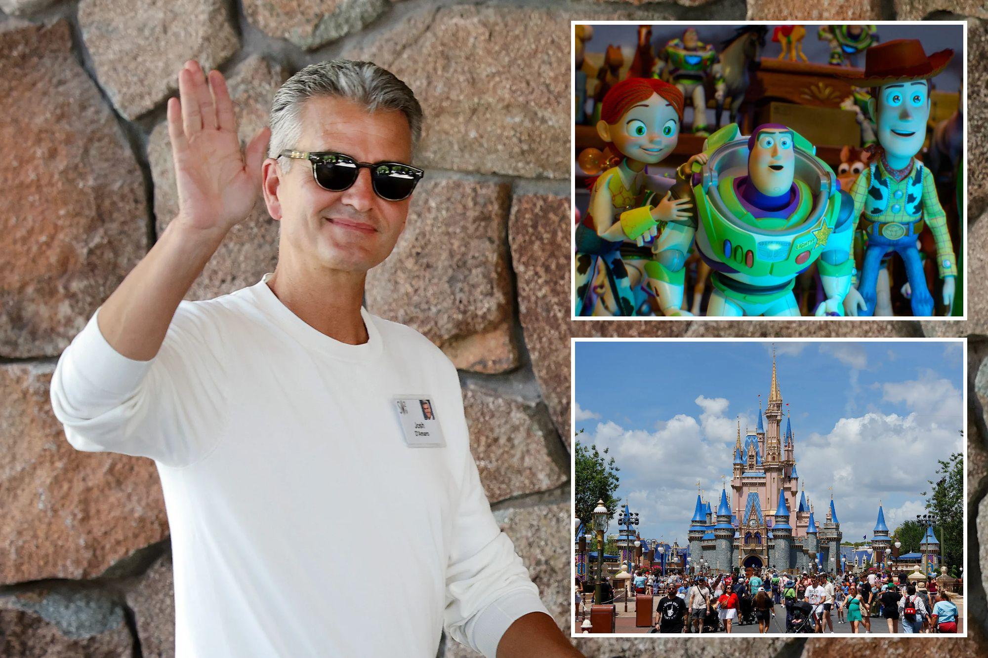 An image collage containing 3 images, Image 1 shows Josh D'Amaro, CEO of Disney, wearing sunglasses and a white long-sleeved
