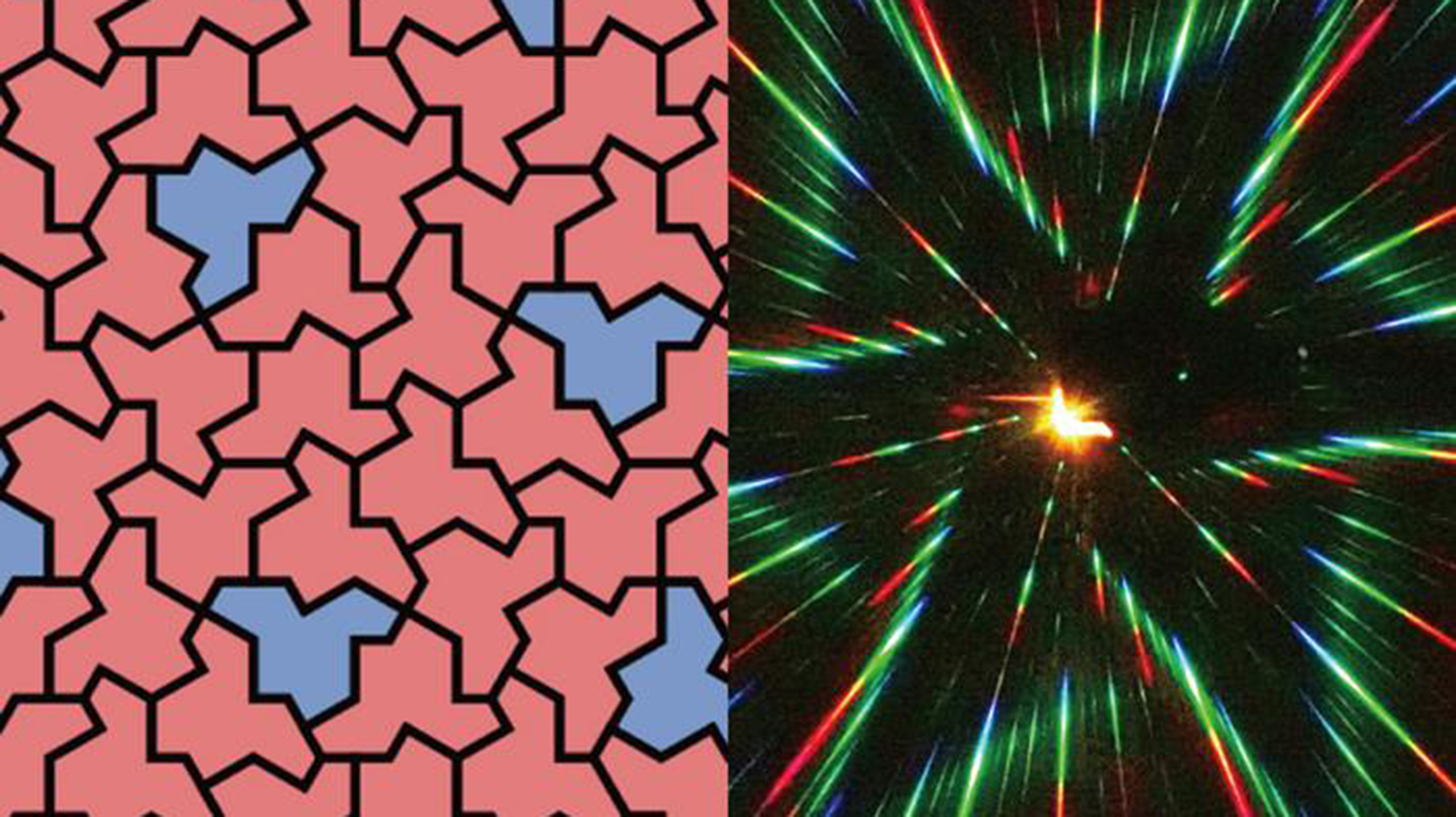 Two images side by side, the left showing a series of pink tessellations with blue interspersed and the right image showing