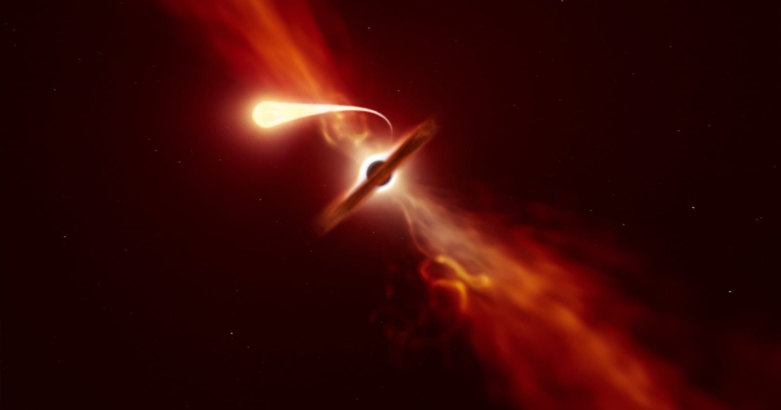 Illustration of a bright star stretched into a long thin stream of gas as it is pulled into a dark accretion disc around a