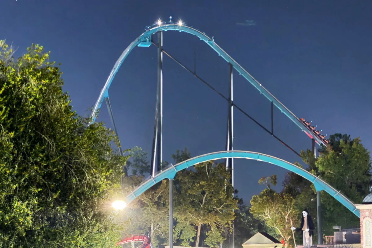 A roller coaster is shown at Six Flags over Georgia on Monday, Oct. 12, 2026, about 15 miles (24 kilometers) northwest of